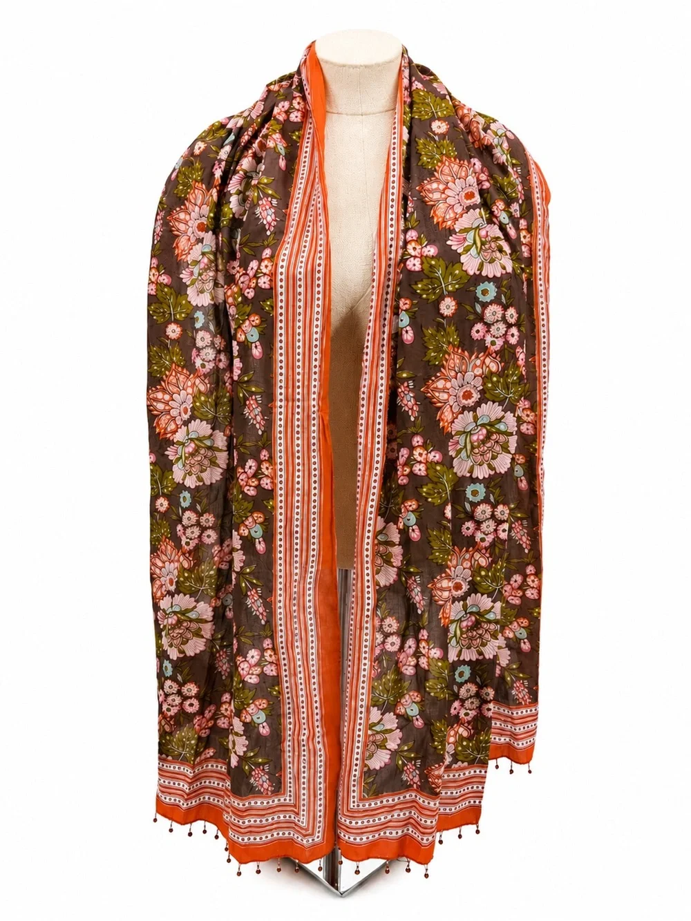 Brown Floral Print Scarf Long Beaded Fringe Boho Wrap Accessory Orange